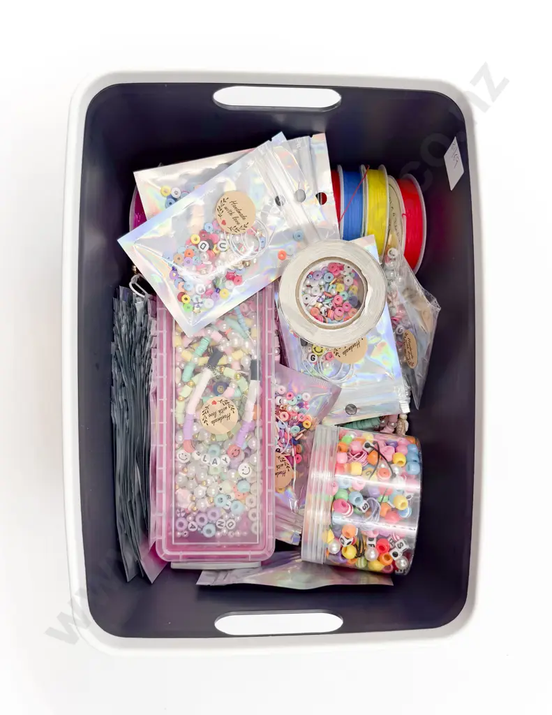 Box Qty of Assorted Beads and Coloured Elastic Thread Image 1++