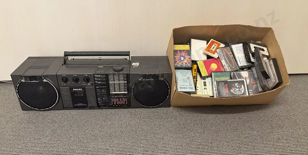 Vintage Phillips Boombox with Assorted Cassettes Image 1++