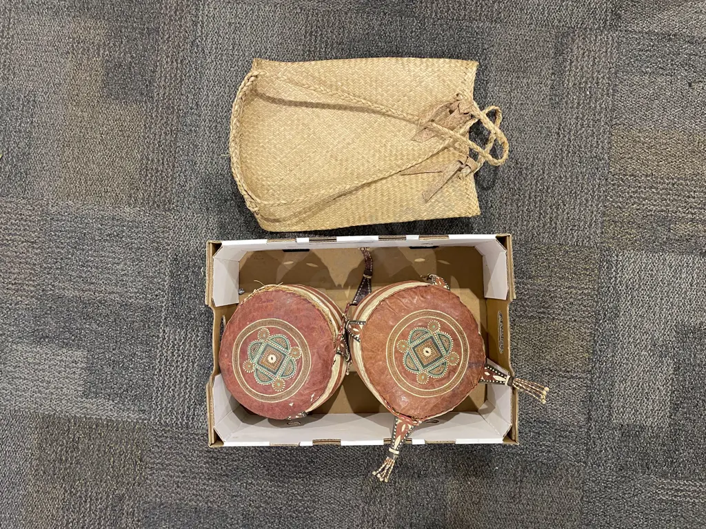 Two Vintage Leather Cushions and Woven Bag Image 1++