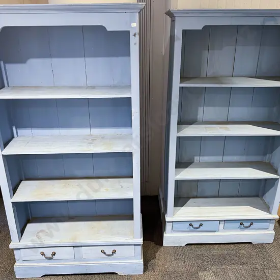 Pair of Distressed Painted Bookcases together with Slender Example