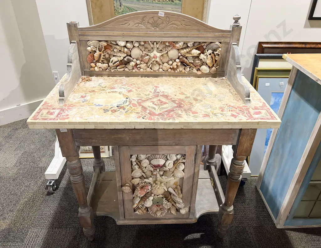 Unusual Marble Top & Shell Decorated Wash Stand Image 1++