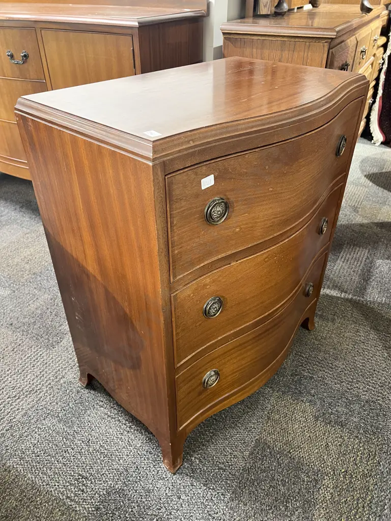 Reproduction Serpentine Front Three Drawer Bedside Chest Image 1++