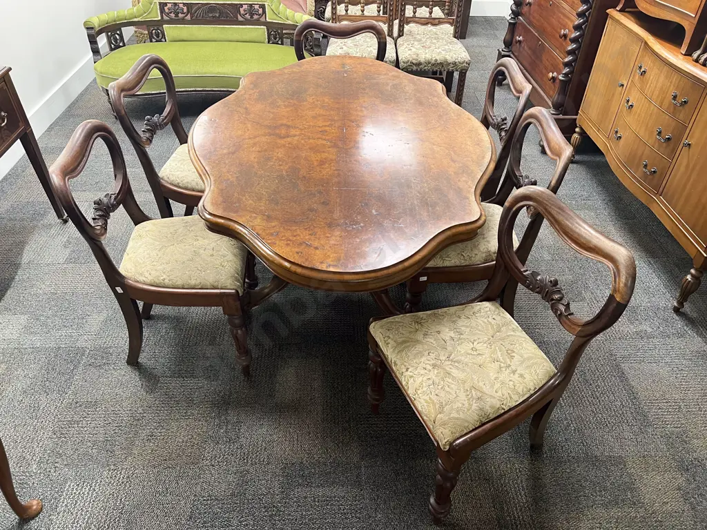 Burr Walnut Loo Table and Six Balloon Back Chairs Image 1++