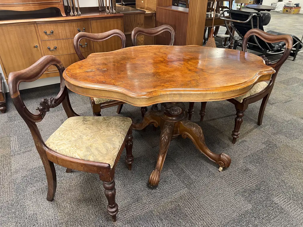 Burr Walnut Loo Table and Six Balloon Back Chairs Image 1++