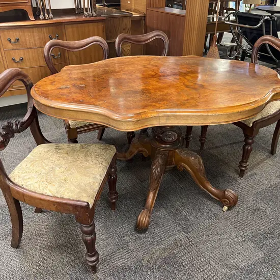 Burr Walnut Loo Table and Six Balloon Back Chairs