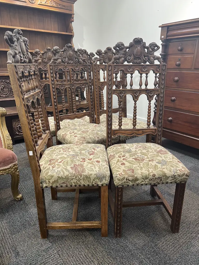 Set of Six Oak Baroque Style Dining Chairs Image 1++