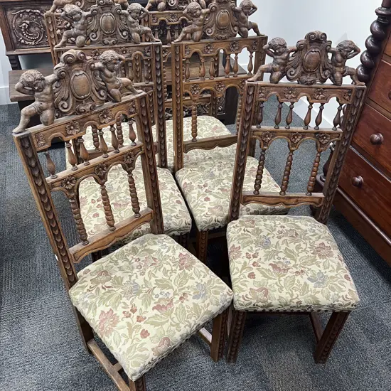 Set of Six Oak Baroque Style Dining Chairs
