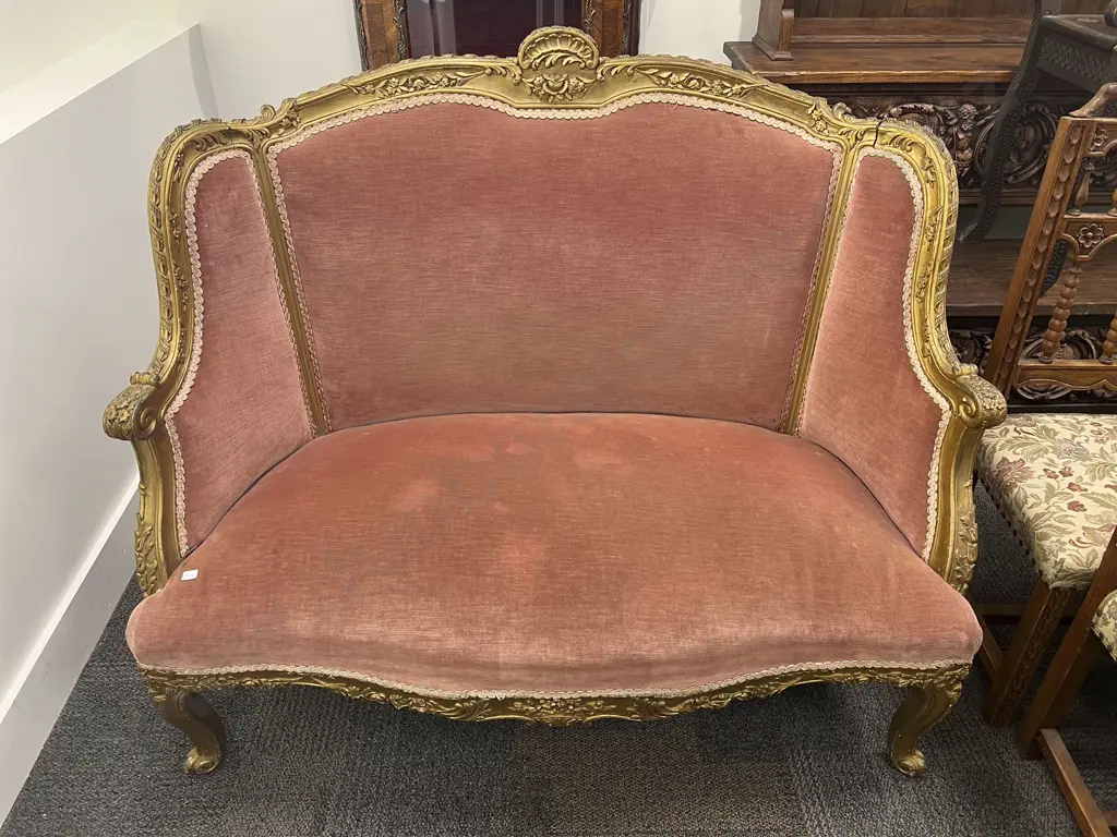 French Gilded High Back Salon Settee Image 1++