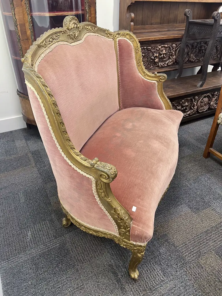 French Gilded High Back Salon Settee Image 1++