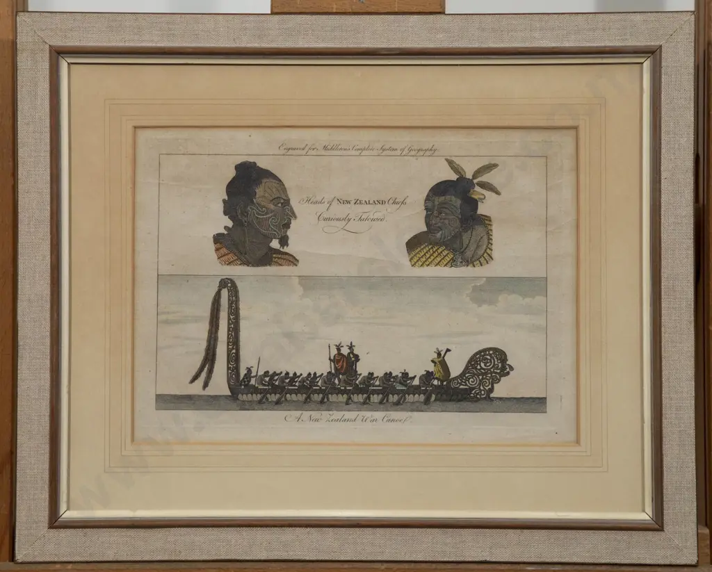 C18th Engraving "Heads of New Zealand Chiefs curiously Tatowed & A New Zealand War Canoe" Image 1++