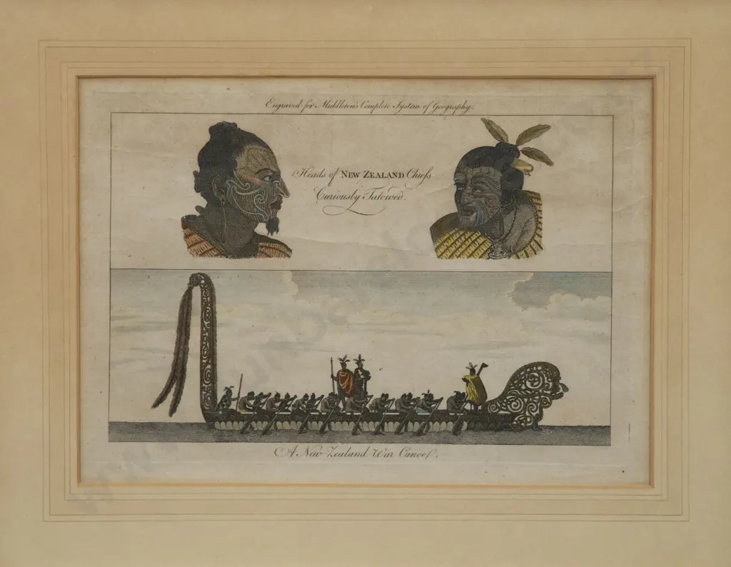 C18th Engraving "Heads of New Zealand Chiefs curiously Tatowed & A New Zealand War Canoe" Image 1++