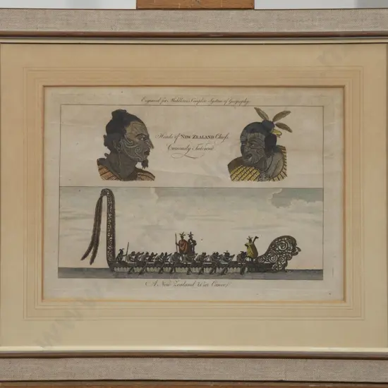 C18th Engraving "Heads of New Zealand Chiefs curiously Tatowed & A New Zealand War Canoe"