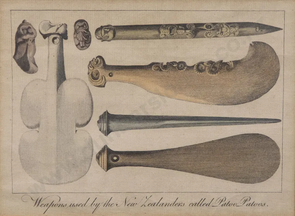 C18th Engraving "Weapons used by the New Zealanders called Patoo Patoos" Image 1++
