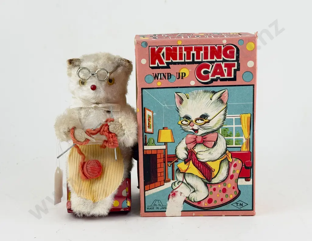 Boxed TN Mark Made in Japan Flock and Tinplate Knitting Cat Image 1++