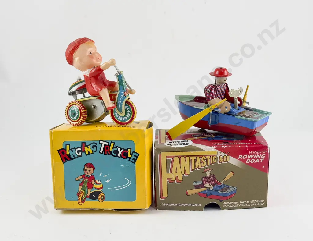 Boxed China MS385 & PS013 Tinplate Rowing Boat and Ringing Tricycle Image 1++