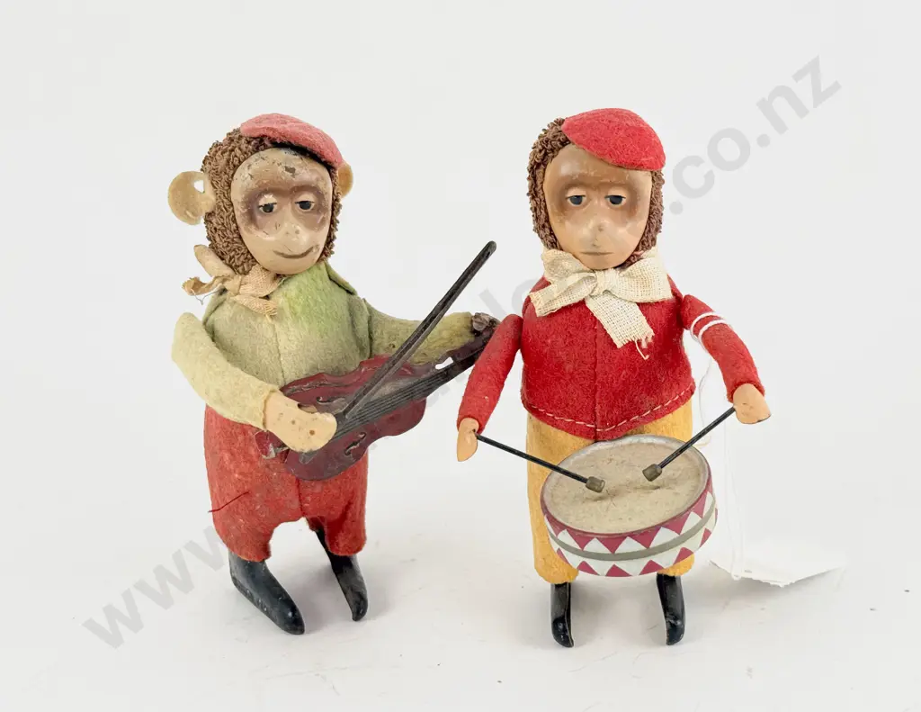 Two Schuco Germany Tinplate and Cloth Violin and Drum Playing Monkeys Image 1++
