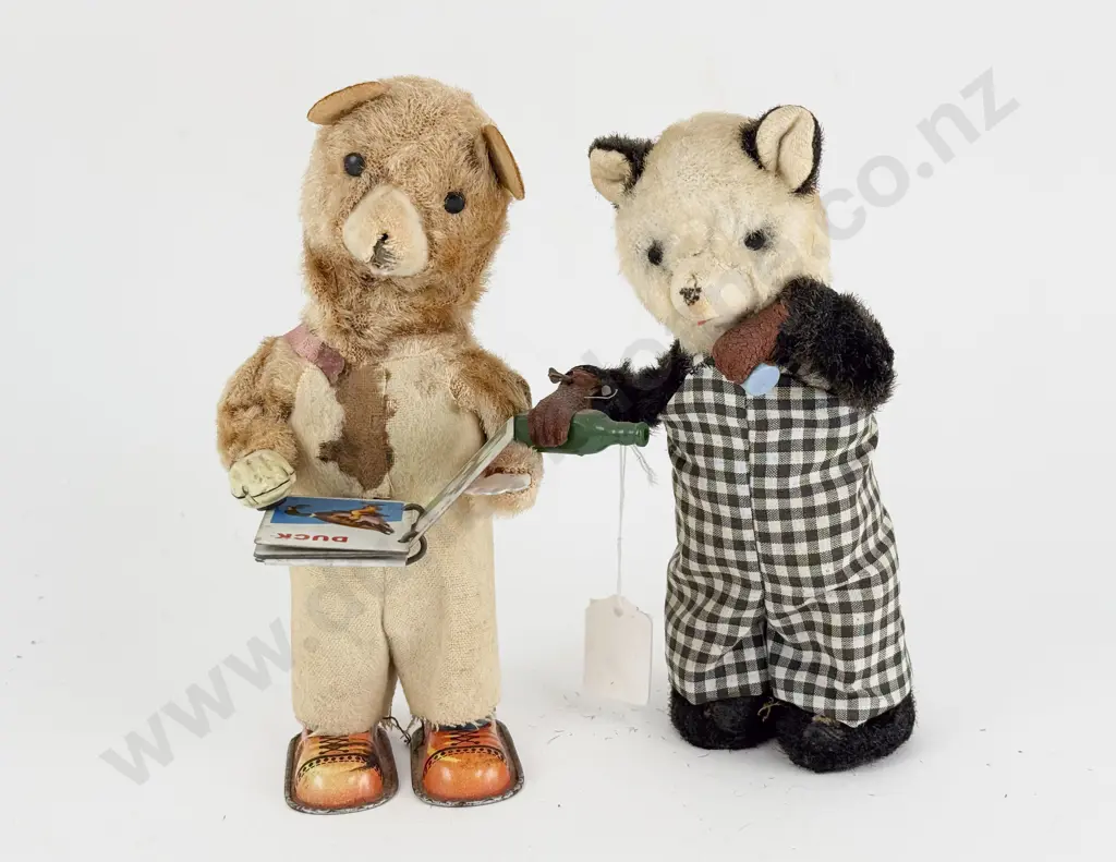 Made in Japan Tinplate and Flock Drinking Bear and Reading Bear Image 1++