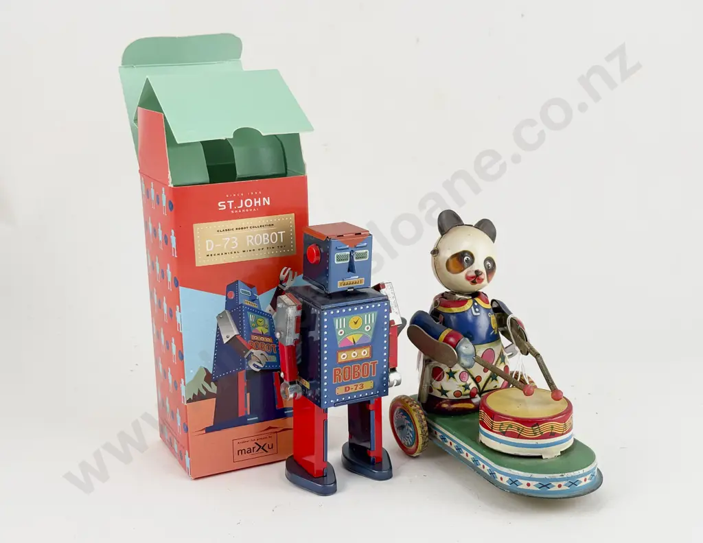 Boxed St John Shanghai Tinplate Robot D-73 and China MS 565 Drum Playing Panda Image 1++