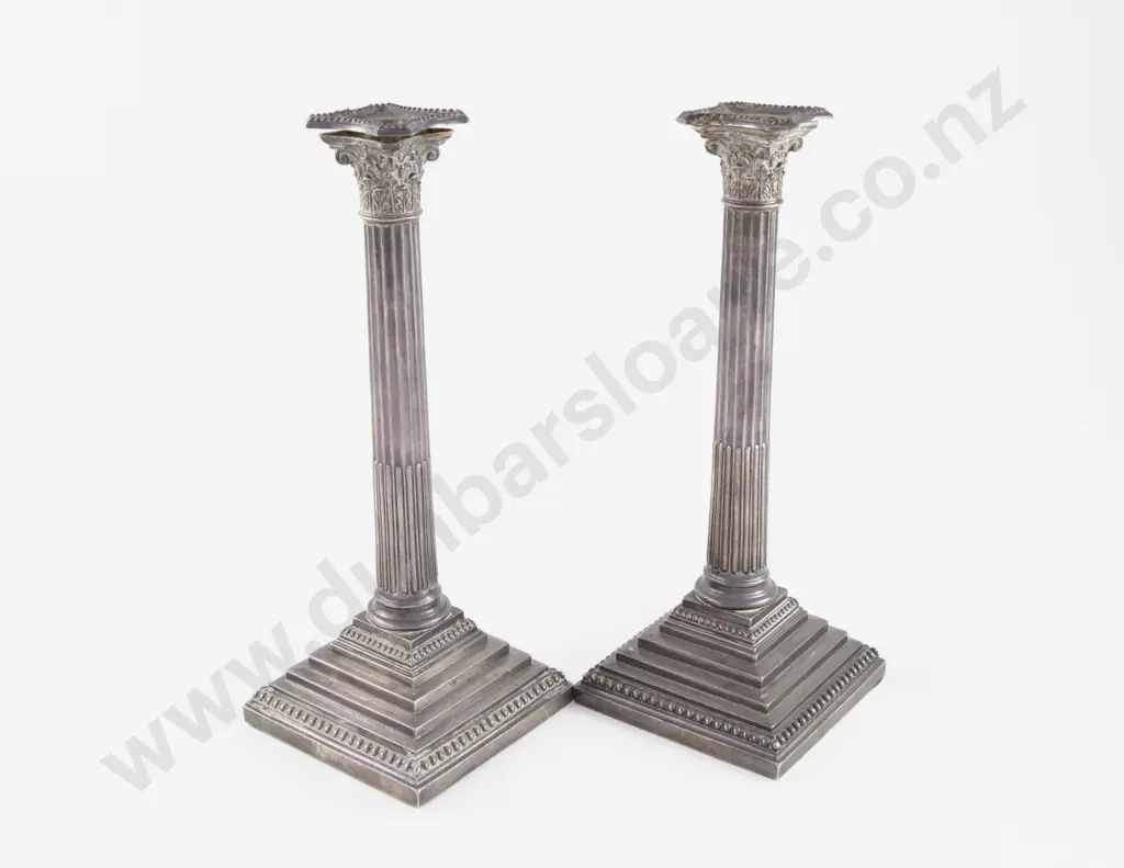 Pair Vict S/S Corinthian Column Candlesticks Image 1++