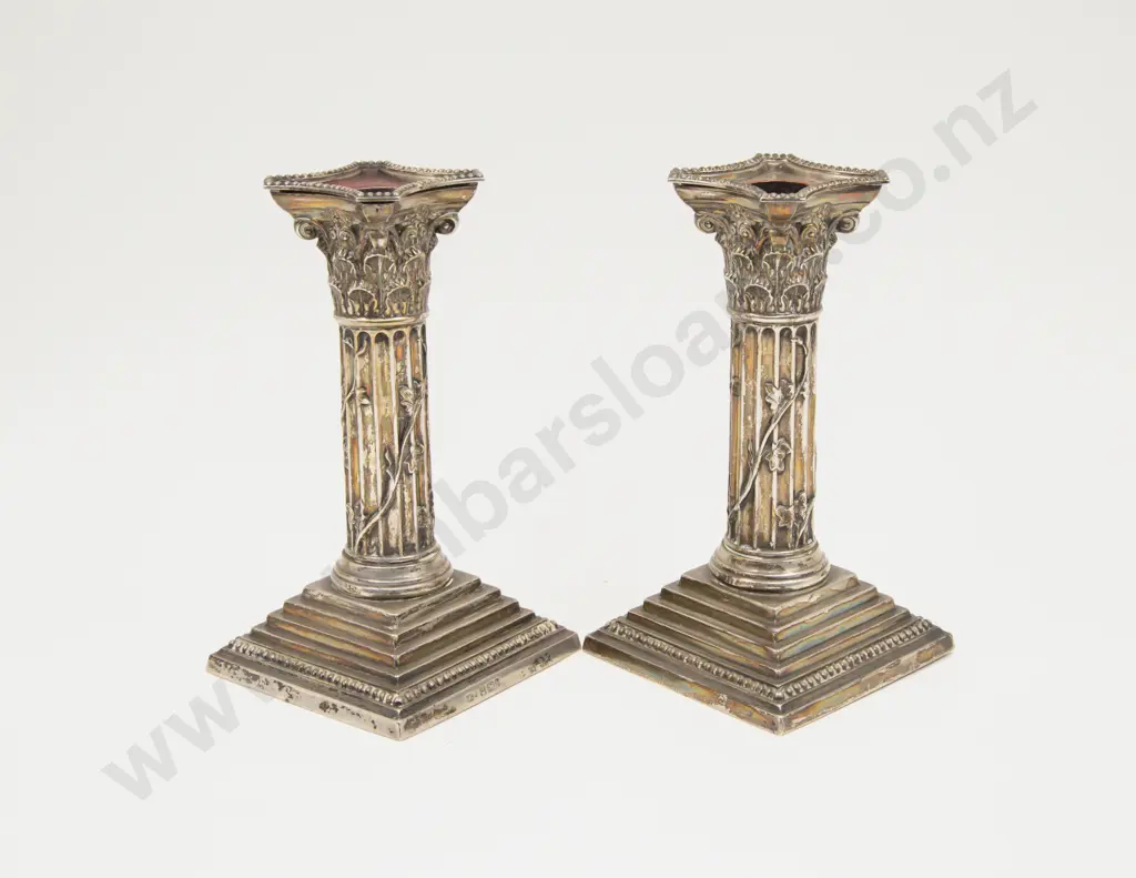 Pair Vict S/S Corinthian Column Candlesticks Image 1++