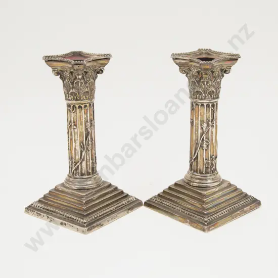 Pair Vict S/S Corinthian Column Candlesticks