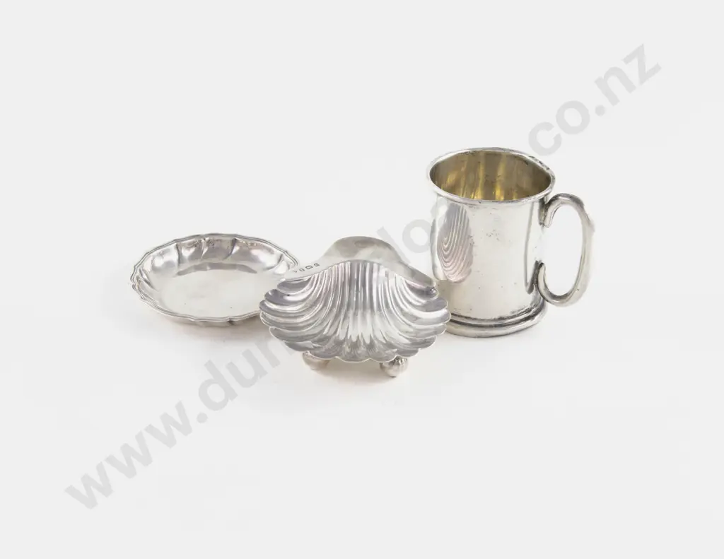 Edw VII S/S Scallop Shell ButterDish S/S Christening Mug & Pin Dish Image 1++