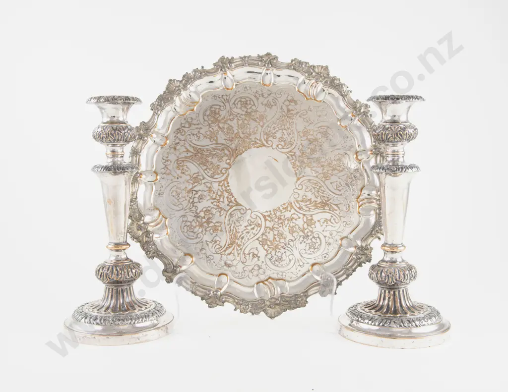 Sheffield Plate Circular Salver & Pair Of Table Candlesticks Image 1++