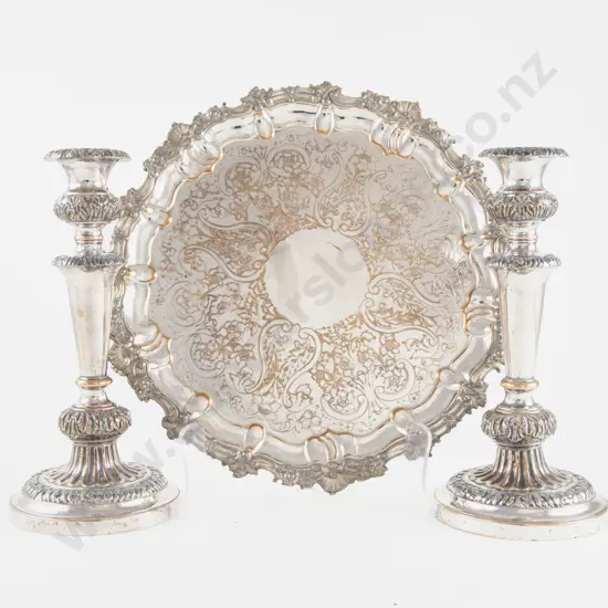 Sheffield Plate Circular Salver & Pair Of Table Candlesticks