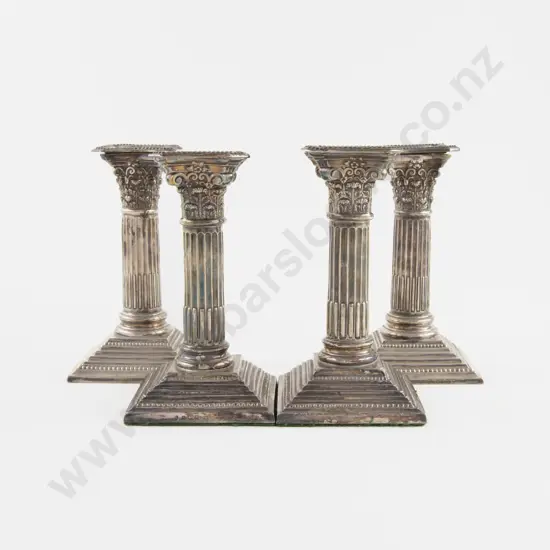 Pair Of Geo V S/S Corinthian Column Candlesticks With A  Similar Pair Of S/P Examples