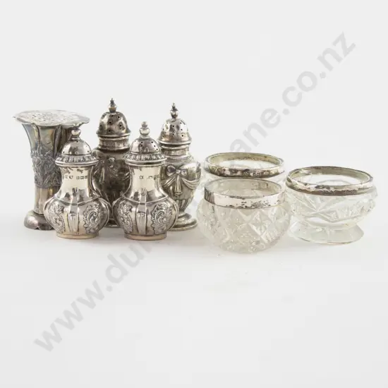 2 Pairs Of S/S Pepperettes Another & 3 S/S Rimmed Glass Salts