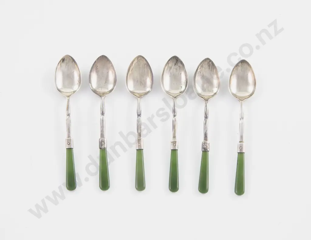 Cased Set Of 6 S/S & Greenstone Coffee Spoons Image 1++