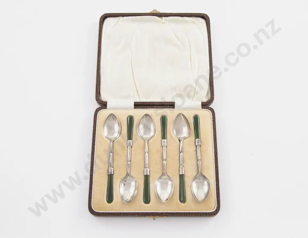 Cased Set Of 6 S/S & Greenstone Coffee Spoons Image 1++