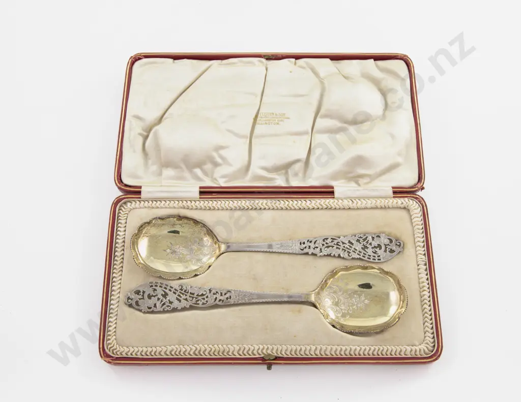 An Attractive Red Morocco Cased Pair Of Geo V S/S Gilt Serving Spoons Image 1++