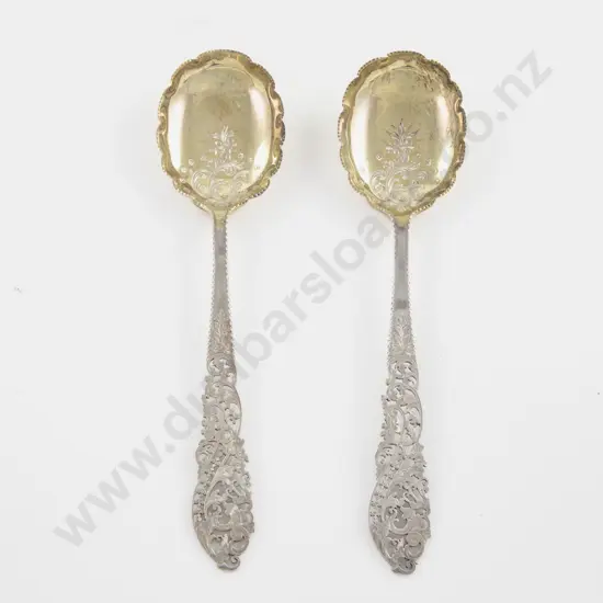 An Attractive Red Morocco Cased Pair Of Geo V S/S Gilt Serving Spoons