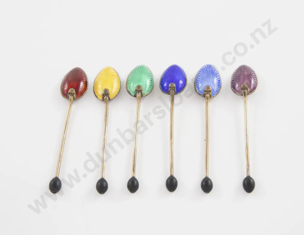 Cased Set Of 6 S/S & Enamel Bean Top Coffee Spoons Image 1++