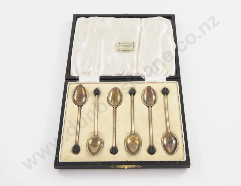 Cased Set Of 6 S/S & Enamel Bean Top Coffee Spoons Image 1++