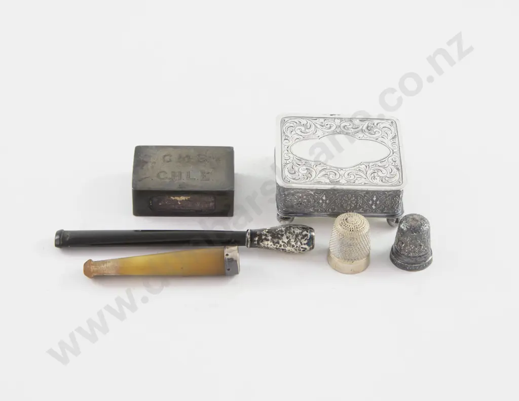 S/S Matchbox Holder, 2 S/S Ended Cheroot Holders, 2 Thimbles & Small Box Of Studs Etc Image 1++