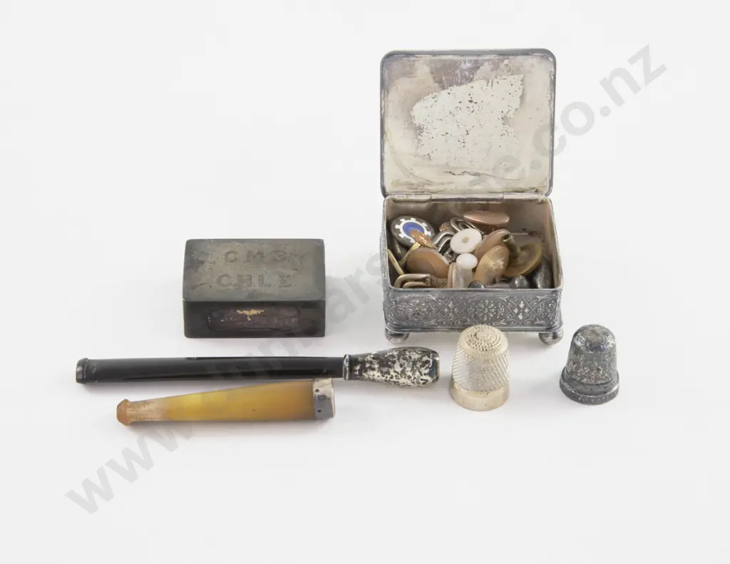 S/S Matchbox Holder, 2 S/S Ended Cheroot Holders, 2 Thimbles & Small Box Of Studs Etc Image 1++