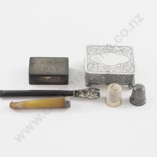S/S Matchbox Holder, 2 S/S Ended Cheroot Holders, 2 Thimbles & Small Box Of Studs Etc