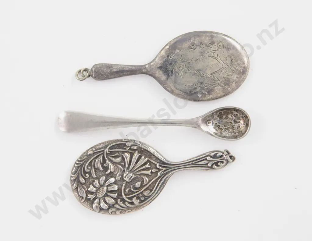 Two Antique Plain and Embossed Miniature Chatelain/Purse Mirrors Image 1++