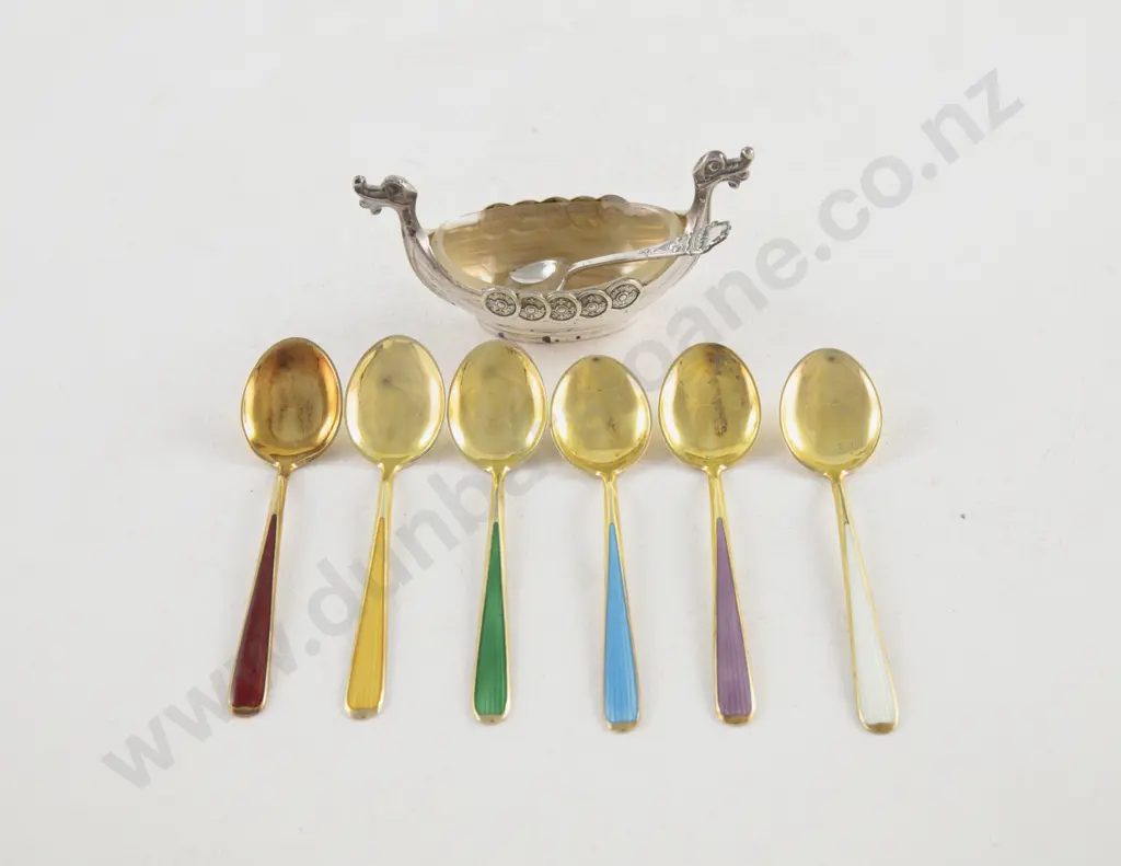 Set Of 6 Scandinavian S/S Gilt & Coloured Enamel Coffee Spoons Image 1++