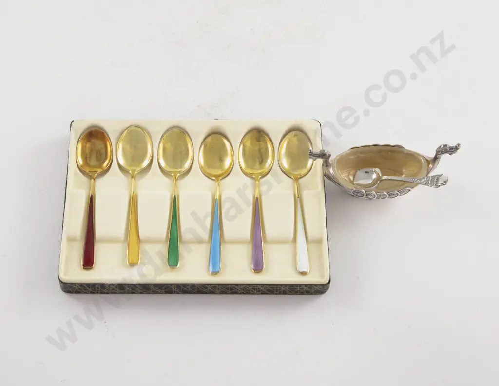 Set Of 6 Scandinavian S/S Gilt & Coloured Enamel Coffee Spoons Image 1++