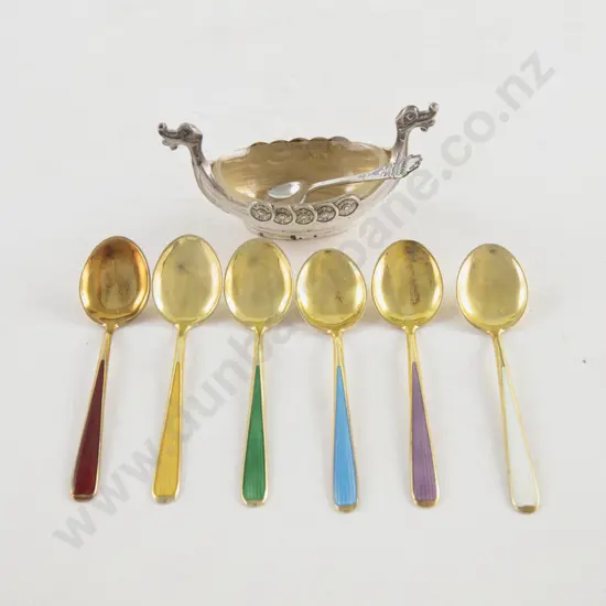 Set Of 6 Scandinavian S/S Gilt & Coloured Enamel Coffee Spoons