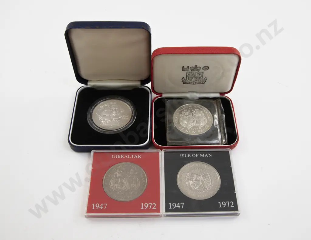 Gibraltar 1972 25pence Silver Wedding Silver Proof 1980 Nelson Silver Proof and Two Unc Coins Image 1++