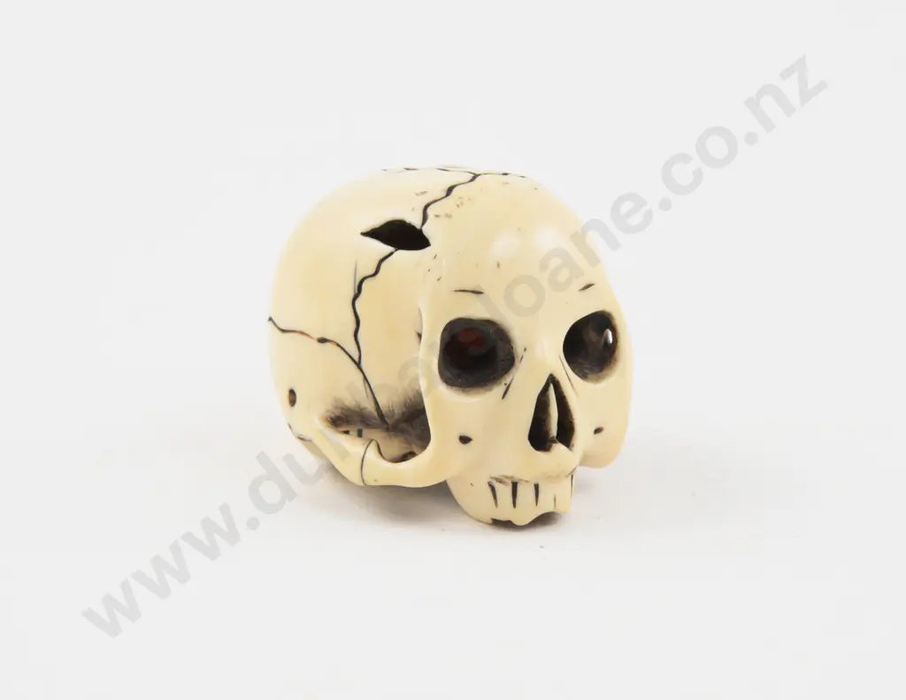 Signed Ivory Netsuke of a Human Skull Image 1++
