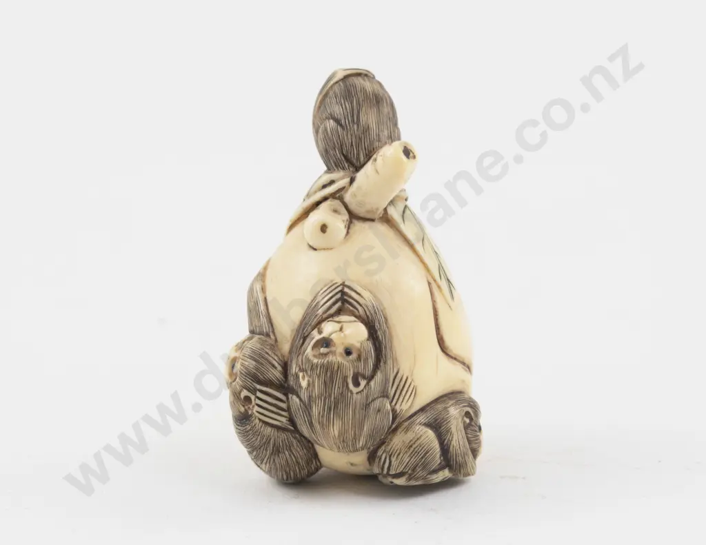 Signed Ivory Netsuke of Monkeys on an Oversized Peach Image 1++