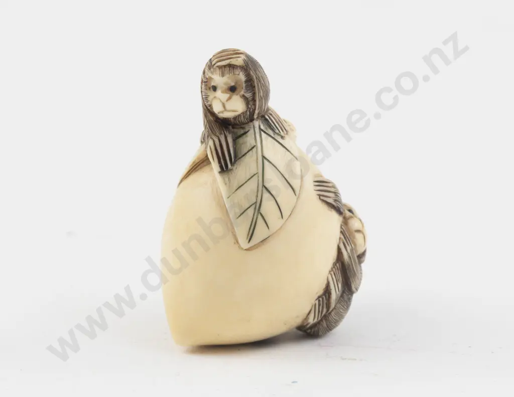 Signed Ivory Netsuke of Monkeys on an Oversized Peach Image 1++