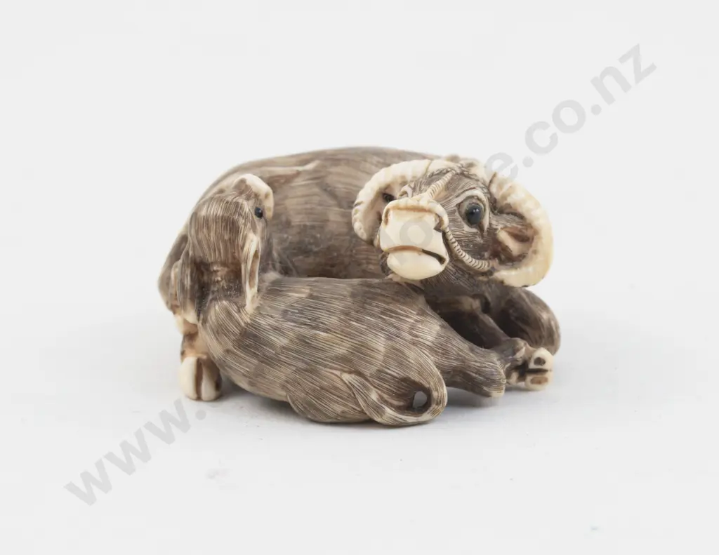 Signed Ivory Netsuke of Reclining Buffalo and Calf Image 1++