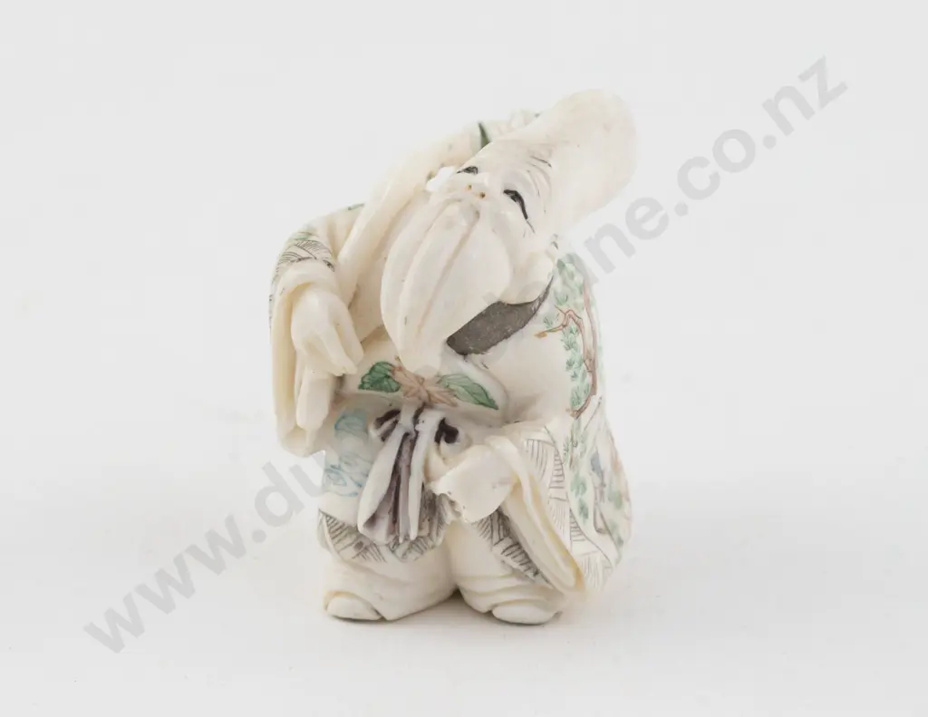 Signed and Stained Ivory Netsuke of an Immortal with Very Elongated Head Image 1++