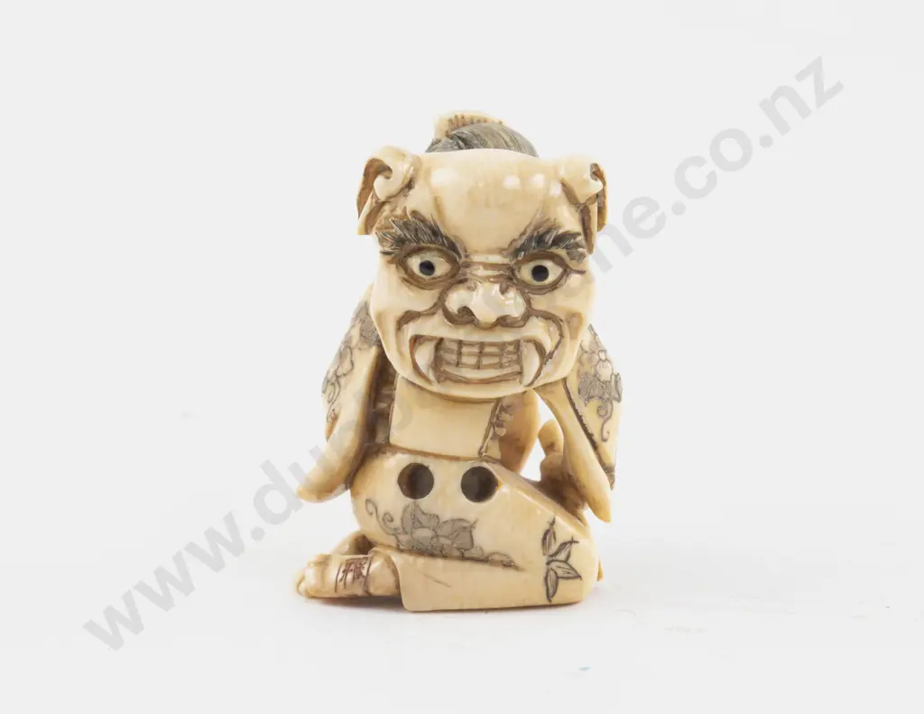Signed Ivory Netsuke of a Kneeling Woman Painting Demon Masks Image 1++